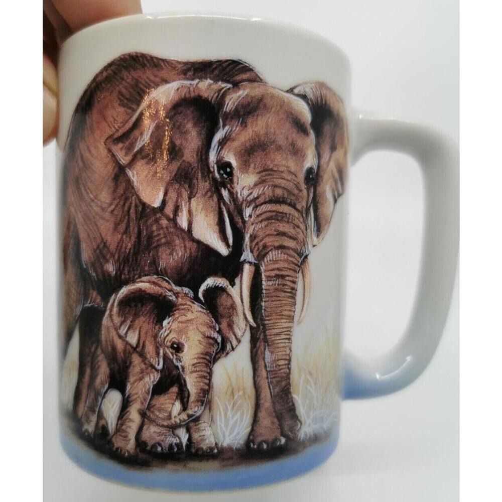 Otagiri Mom & Baby Elephants Scene Mug Japan Jacquie Vaux Design Tall Mug 8oz